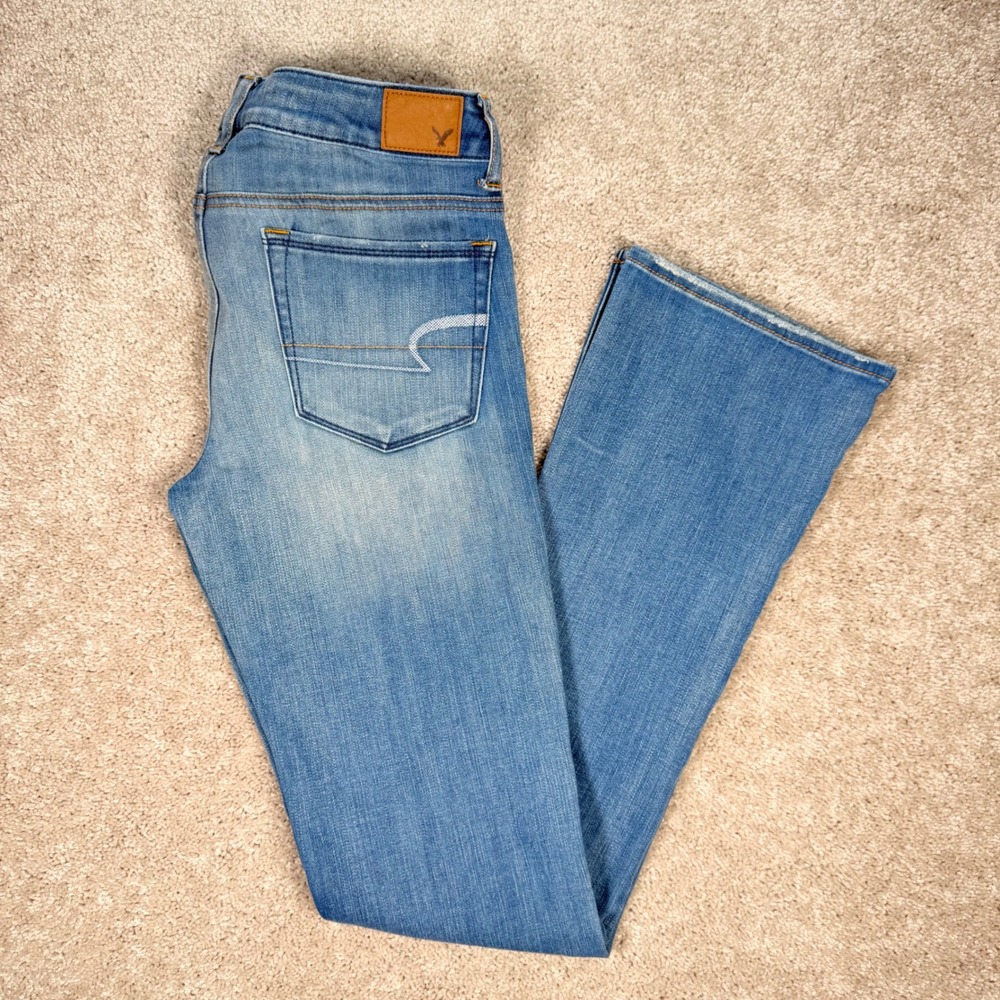 American Eagle Skinny Kick Women's 8 Long Super Stretch Bootcut Jeans Blue Denim